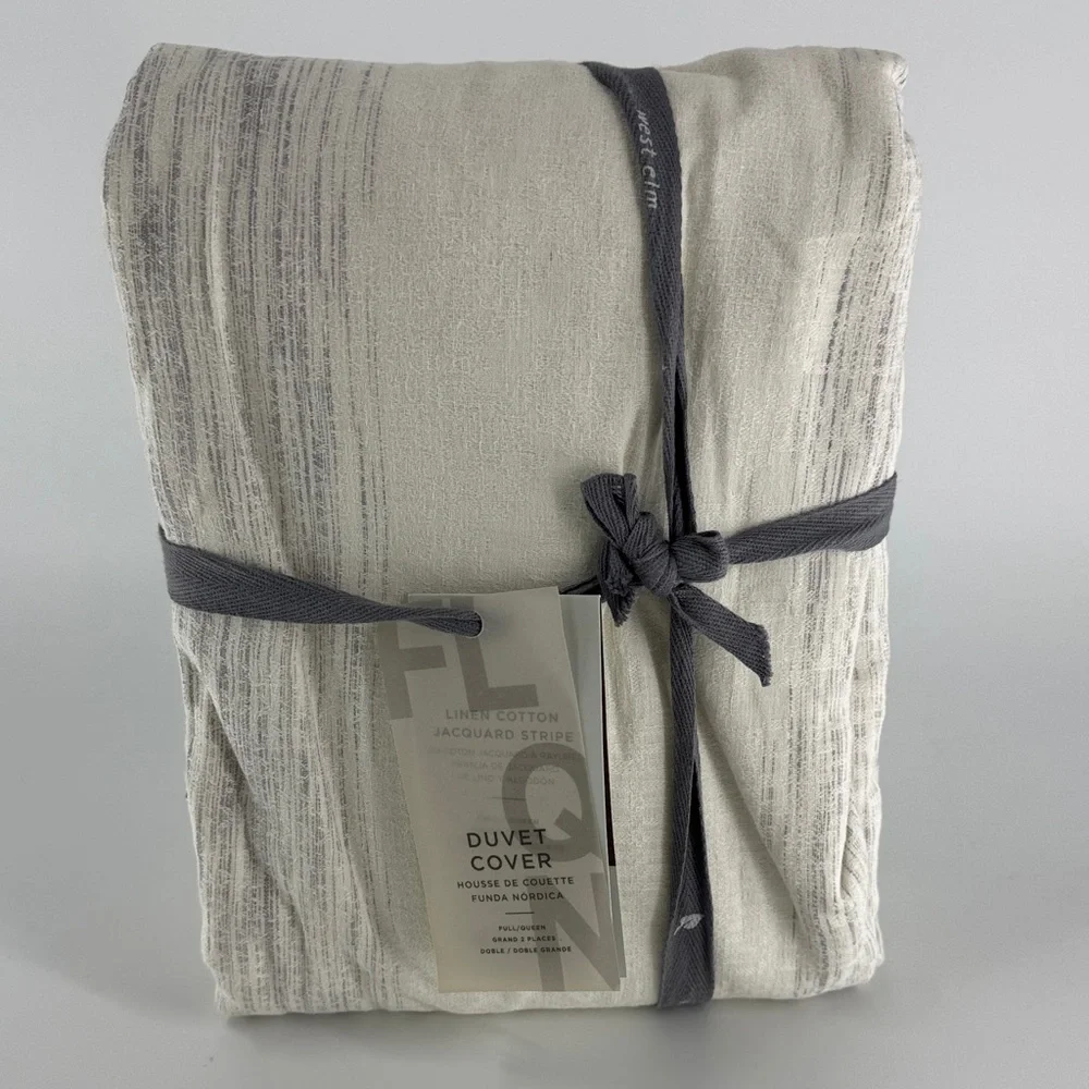 WEST ELM Linen Jacquard Stripe Duvet Cover Ombré Yellow, Pink, Gray Full NWT